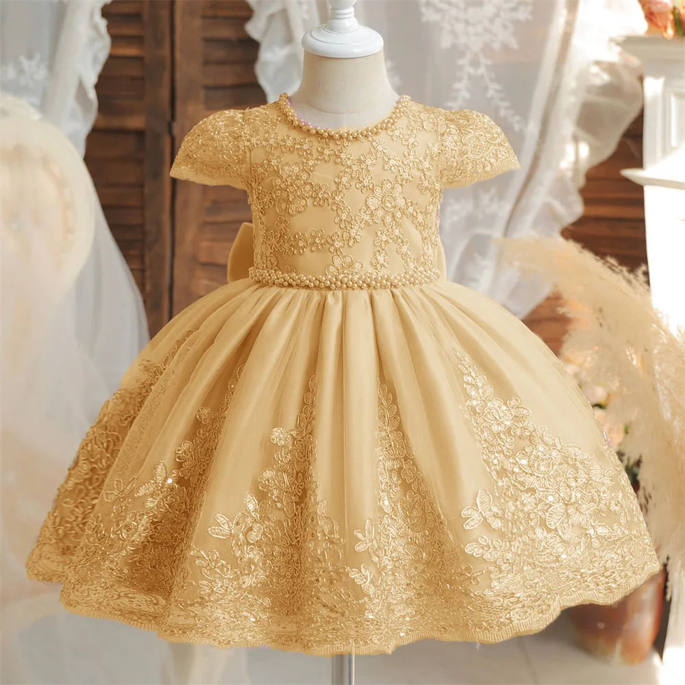Beading Luxury Short Sleeve Lace Appliques A Line Formal Communion Girl Dress Bow Floor Length Princess Flower Girl Gown New