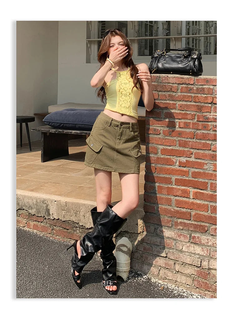 High Waist A-Line Mini Skirt Denim Skirt Women's Multi-Pocket Anti-Light Workwear Half Skirt Street Style Casual Wear
