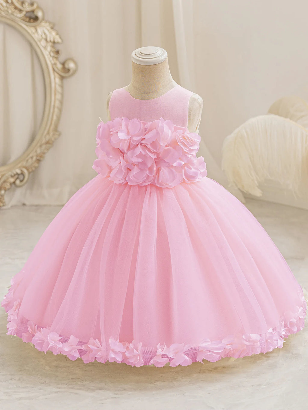 HETISO Summer Children Girls Petals Princess Dress Kids Flower Mesh Costumes Gown for New Year Holiday Party 3-10 Years
