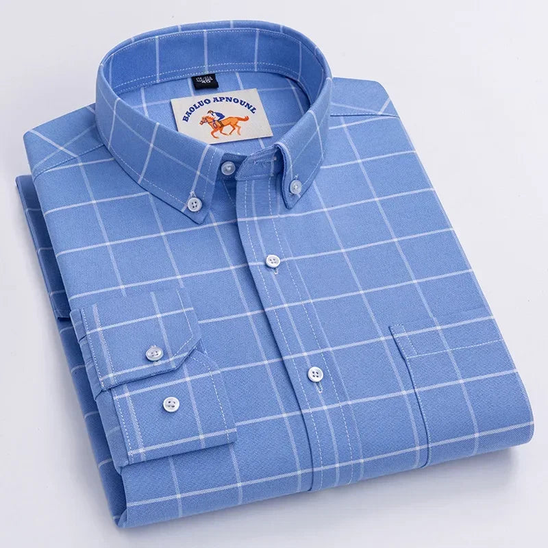 Premium Pure Cotton Oxford Shirt For Men Long Sleeve With Embroidered Horse Design Regular Fit White Dress Shirt