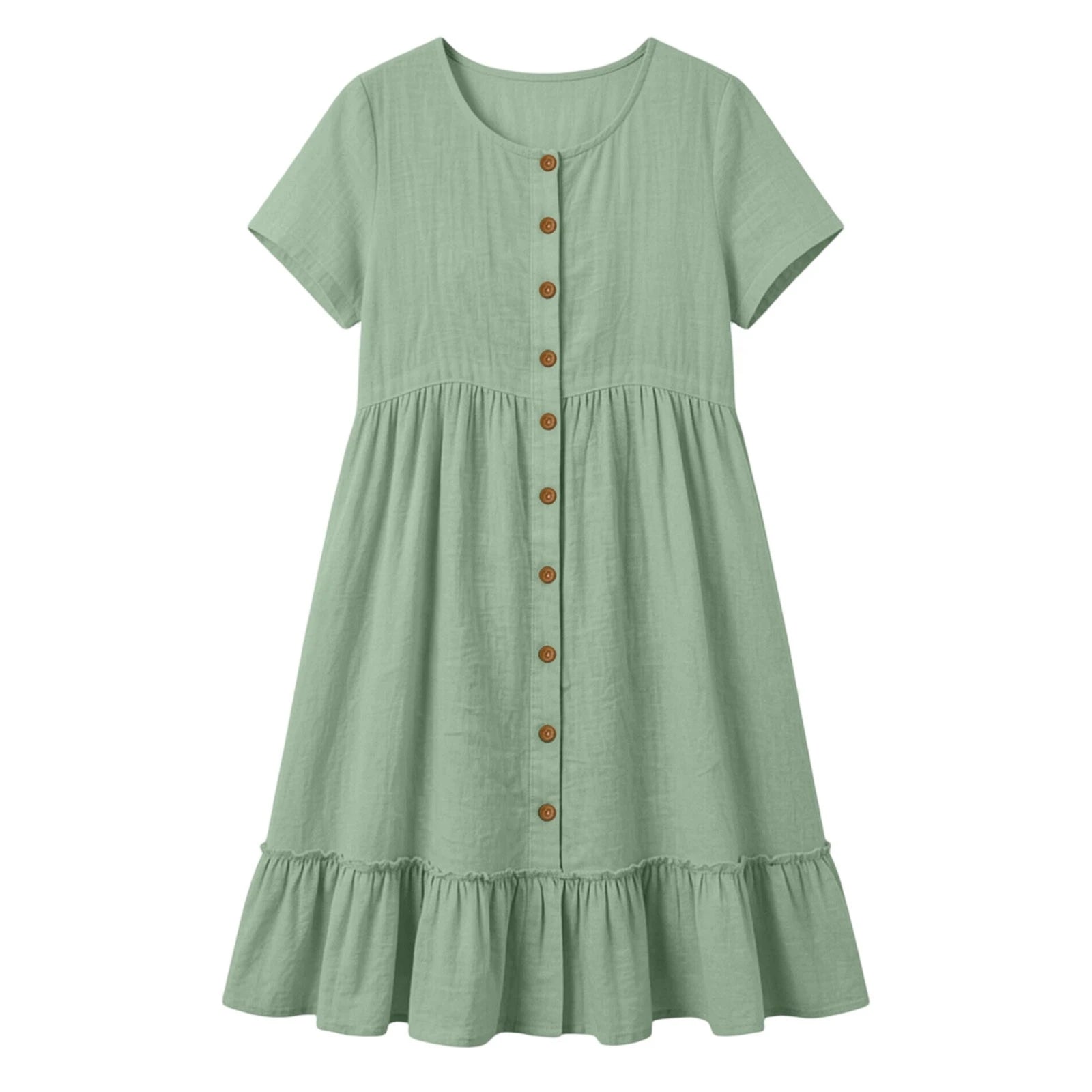 Women Casual Summer Dress Round Neck Front Button Down Short Sleeve Loose Midi Dress Solid Ruffle Hem Beach Cotton Linen Dreses