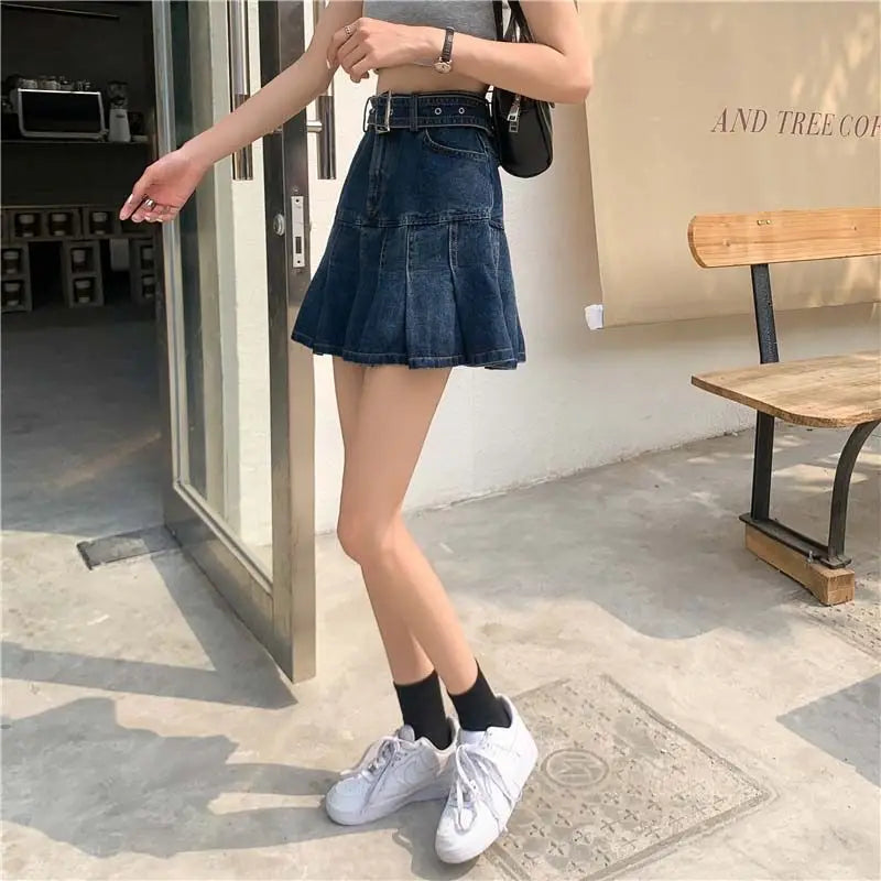 Spicy Girl Denim Half Skirt Women's Summer 2026 INS New Korean Retro High Waist Slim A-Line Pleated Short Skirt Trendy