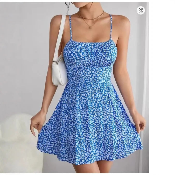 Elegant Floral Print Spaghetti Strap Dress Backless Tie Back Slim Vacation Summer Women Dress
