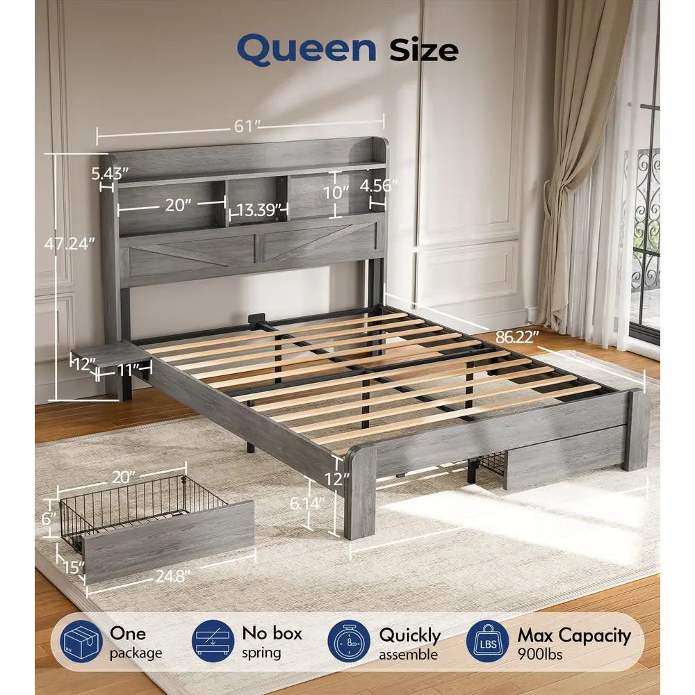 Bed Frame with 2Tier Storage Headboard, LED Lights, Charging Station, 2 Drawers, 900lbs Capacity, Wood amp Metal Platform, Nois