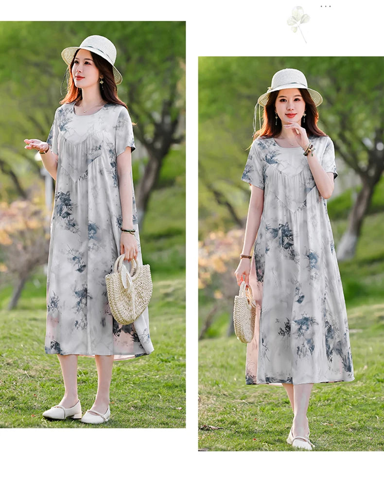 New Print plus size 2026 New Fashion Floral Printed Summer Dress Vestidos Elegant Short Sleeve Slim O-Neck Party Women clothing