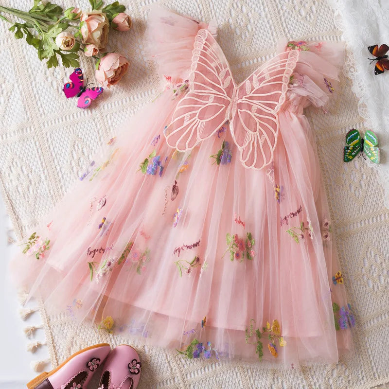 Floral Mesh Ball Gown Dress For Baby Girls Princess Style With Full Skirt And Floral Applique