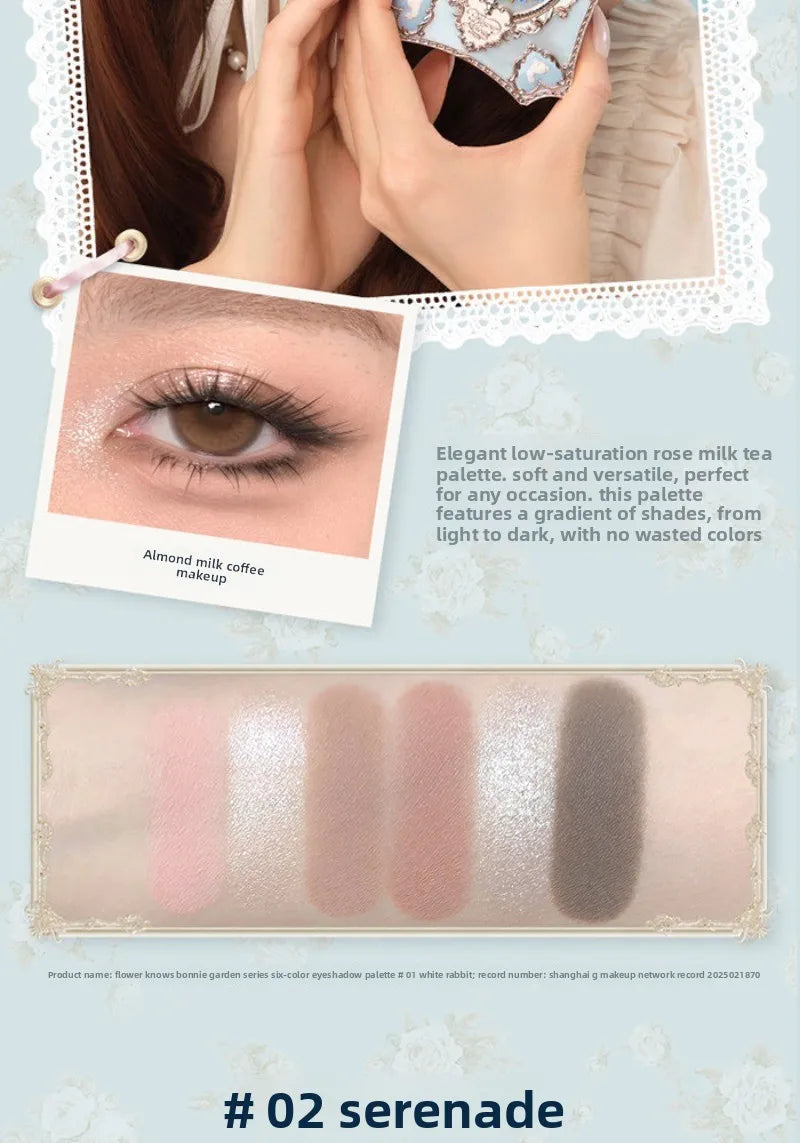 Flower Knows Garden Matte Pearlescent Powder Fine Six Color Eye Shadow Contour Palette Long Lasting Makeup Glitter Eyeshadow