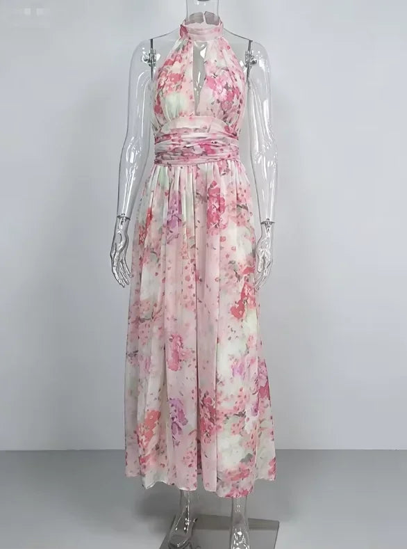 Trendy Keyhole Cutout Open Back Bow Waist Skirt Lady's Floral Print Flared Hem Dating Frock Elegant Halter Neck Women Maxi Dress