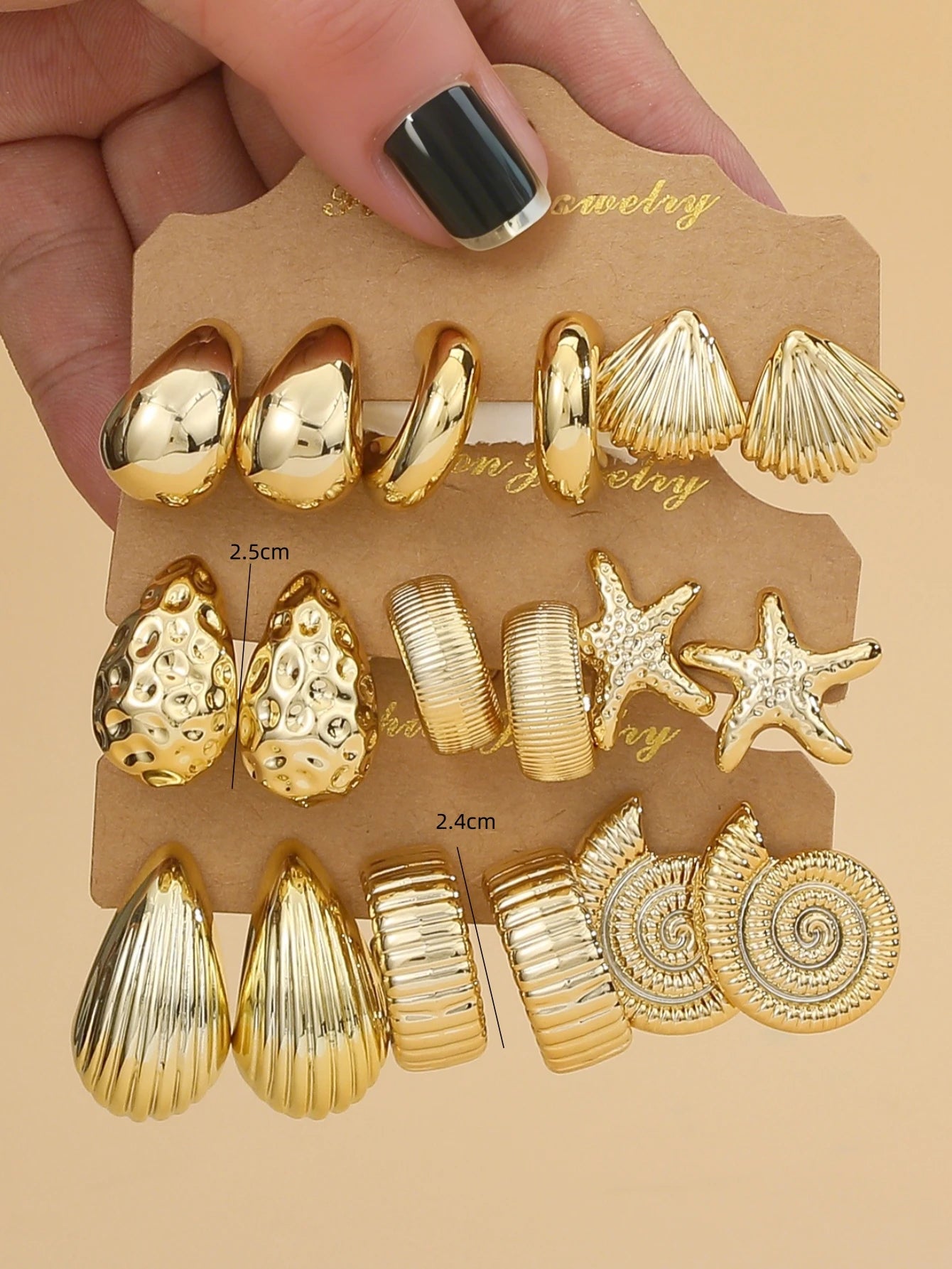 3Pairs-6Pairs/Set Fashionable & Starfish, Seashell, Smooth Water Drop,Textured C-Shape Earrings Set,Travel & Vacation Wear