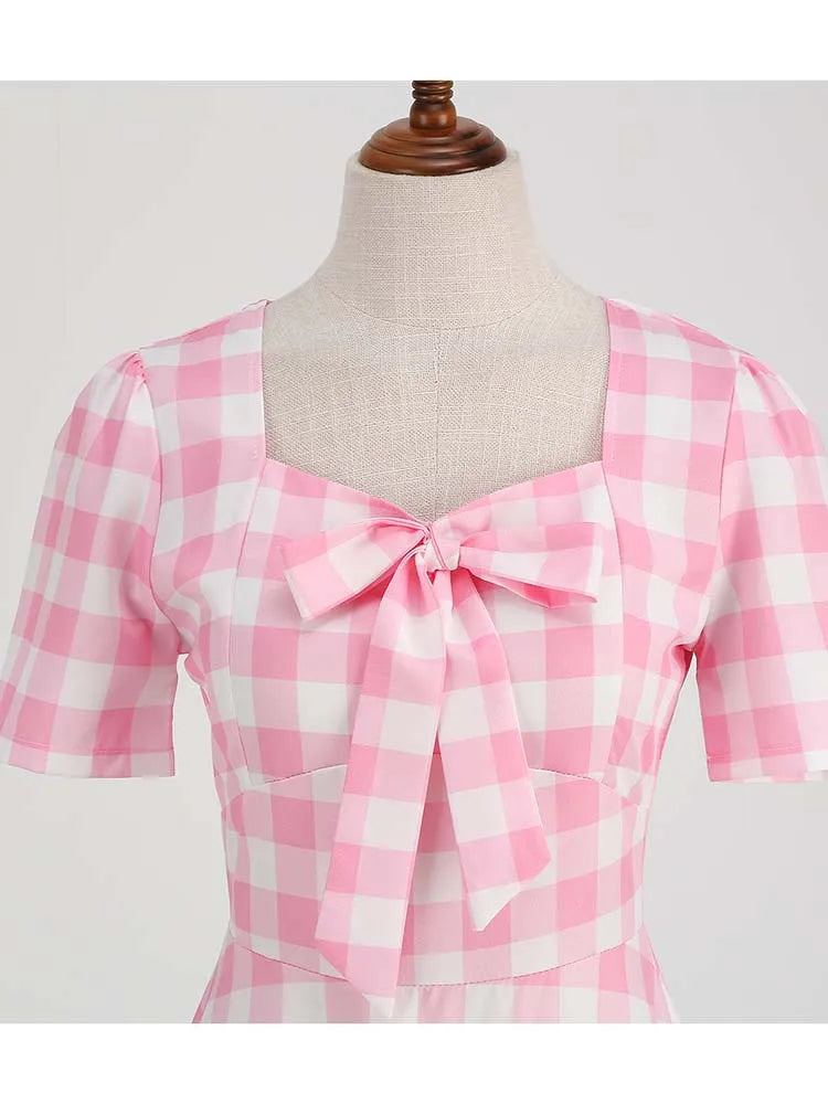 Pink Plaid Swing Party Dresses Women Elegant Vintage Square Collar Short Sleeve Casual Summer Dress