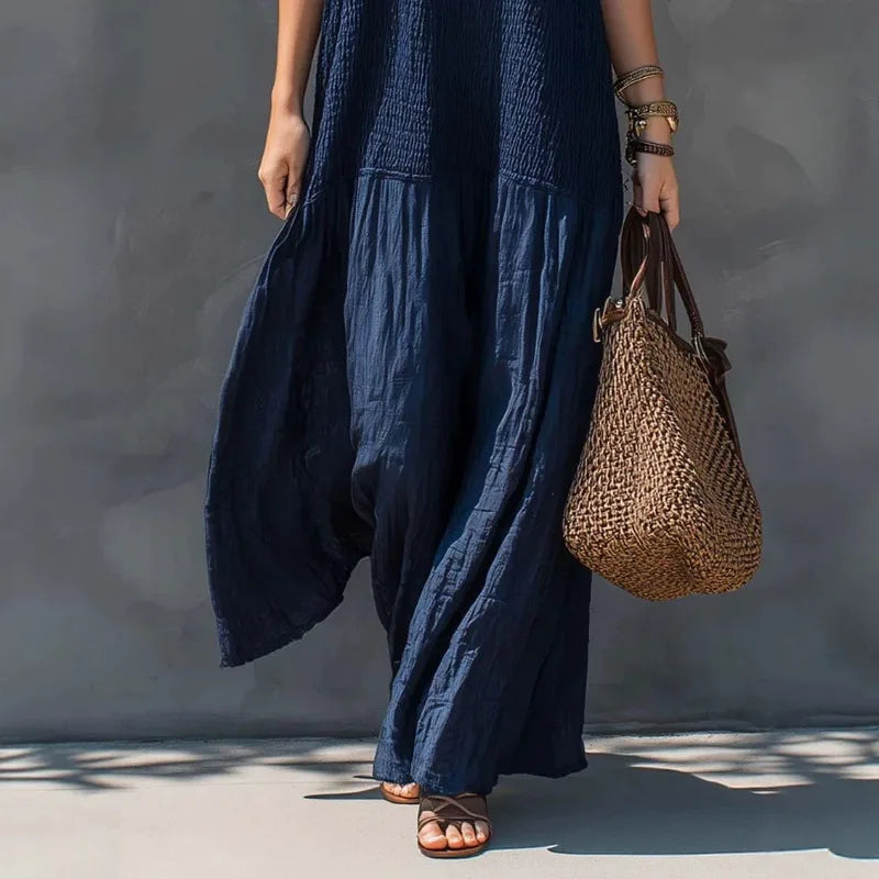 Spaghetti Strap V Neck Maxi Dress Smocked Bust Loose Wide Hem Coastal Style Getaway Wear Sleeveless Beach Long Sundress