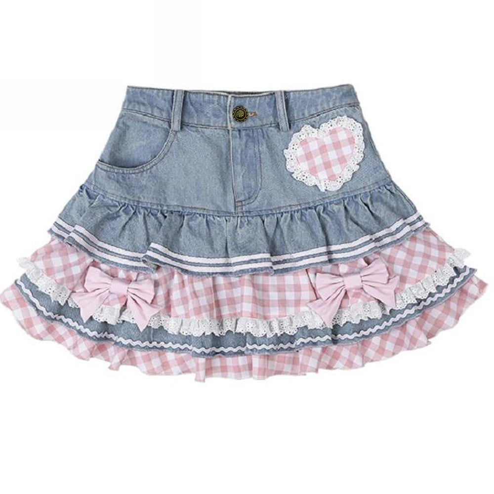 Japanese Sweet Lolita Mini Skirts Ball Gown Women Harajuku Cute Denim Skirt Preppy Style Girls High Waist Kawaii Lace Cake Skirt
