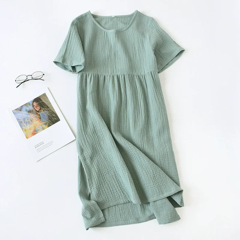 Gauze Cotton Pajama Dress Nightwear Woman Sleepwear Summer Solid Color Short Sleeve Sleeping Nightgowns Loose Night Dress