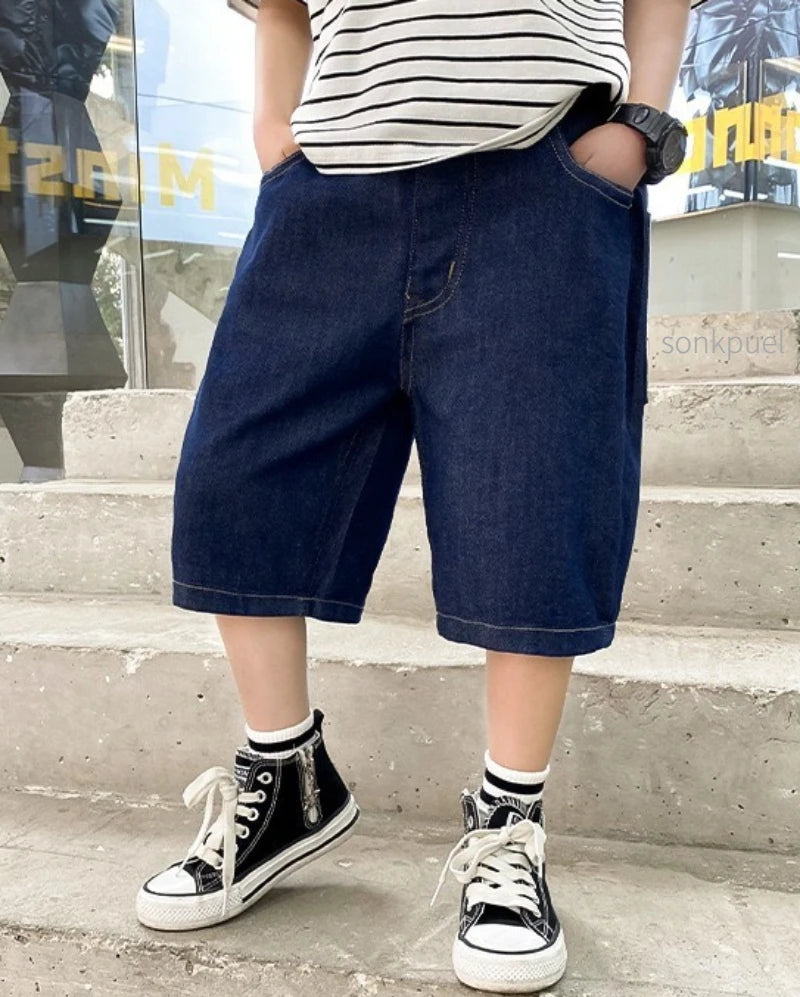 New Boys Summer Fashion Denim Shorts Kids Casual Loose Thin Knee-Length Trousers 3-12 Years Teenager Outdoor Five-point Pants