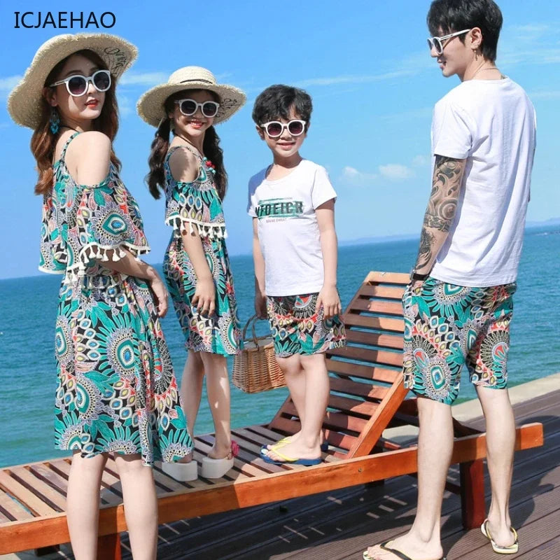 2025 Elegant Floral Girls Dress Family Matching Summer Outfit Off-Shoulder Midi Boho Dress Boys Set Fashionable Beach Vacation