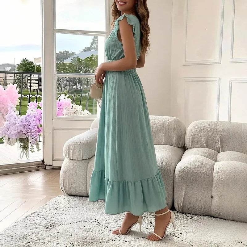 Women's Fashionable Elegant and Casual Long Ruffled Sleeves and Elegant Commuting V-neck Solid Color Pleated Splicing Slim Dress
