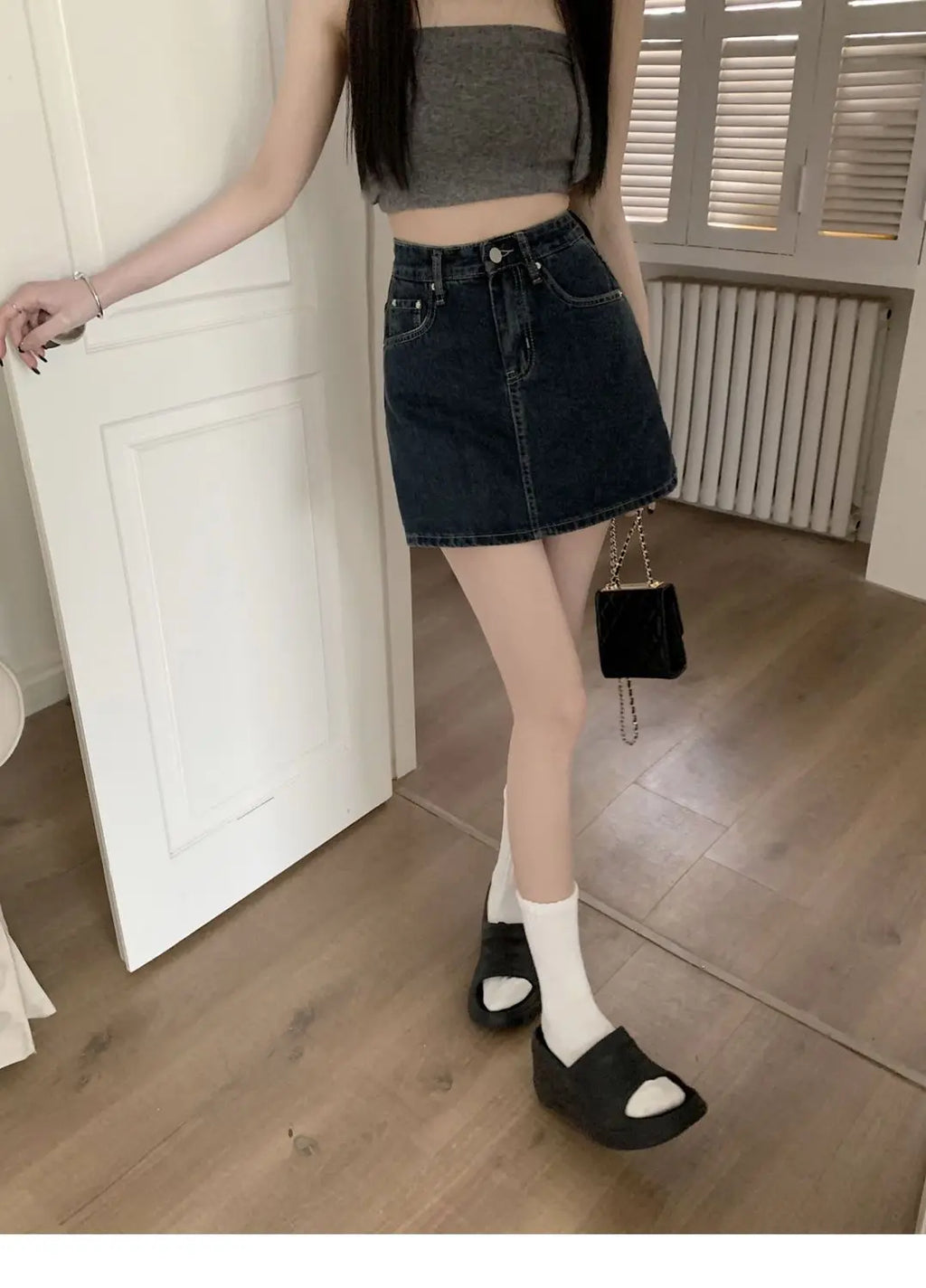 Women's Y2K High-Waist Mini Skirt Deep Blue Denim Spring Summer Slimming Flattering Wrap Around Skirt for Full Coverage