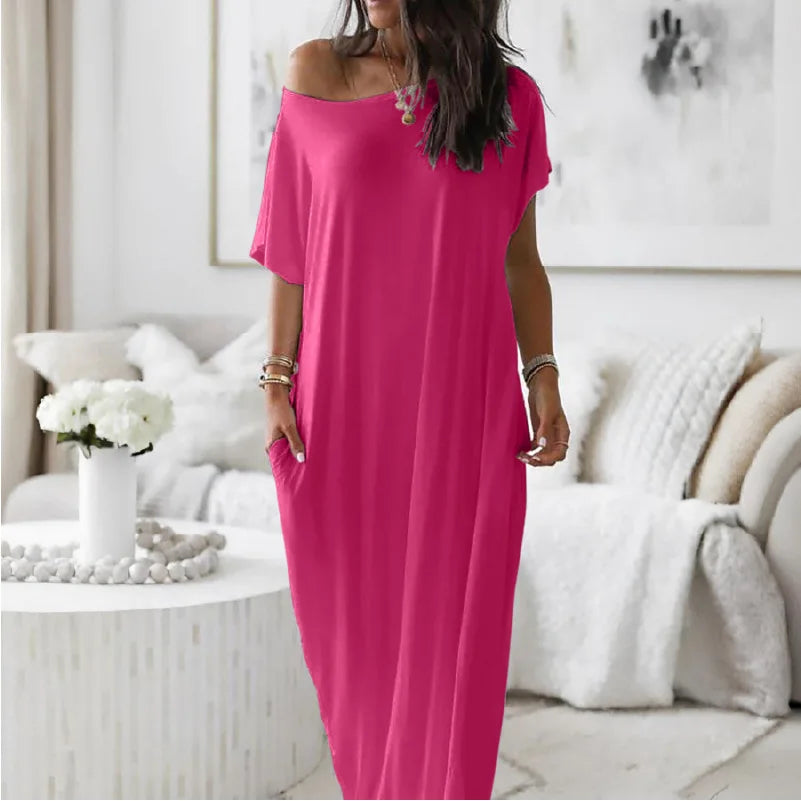 Casual Pure Color Short Sleeve Long Dress Women's Summer New Style Cross-Border TK Loose Waist Milk Fiber Straight Cut Dress