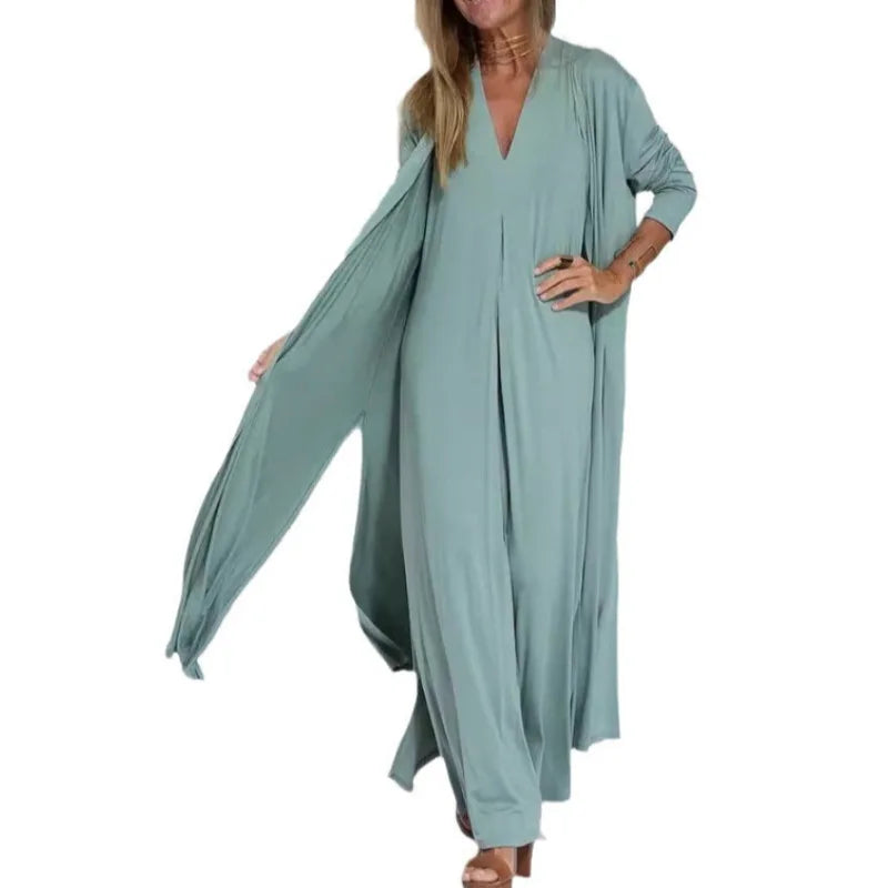 Spring Summer 2026 New Style Pure Color V-Neck Pullover Dress Cardigan Set Women's Versatile Long Skirt Casual Comfortable
