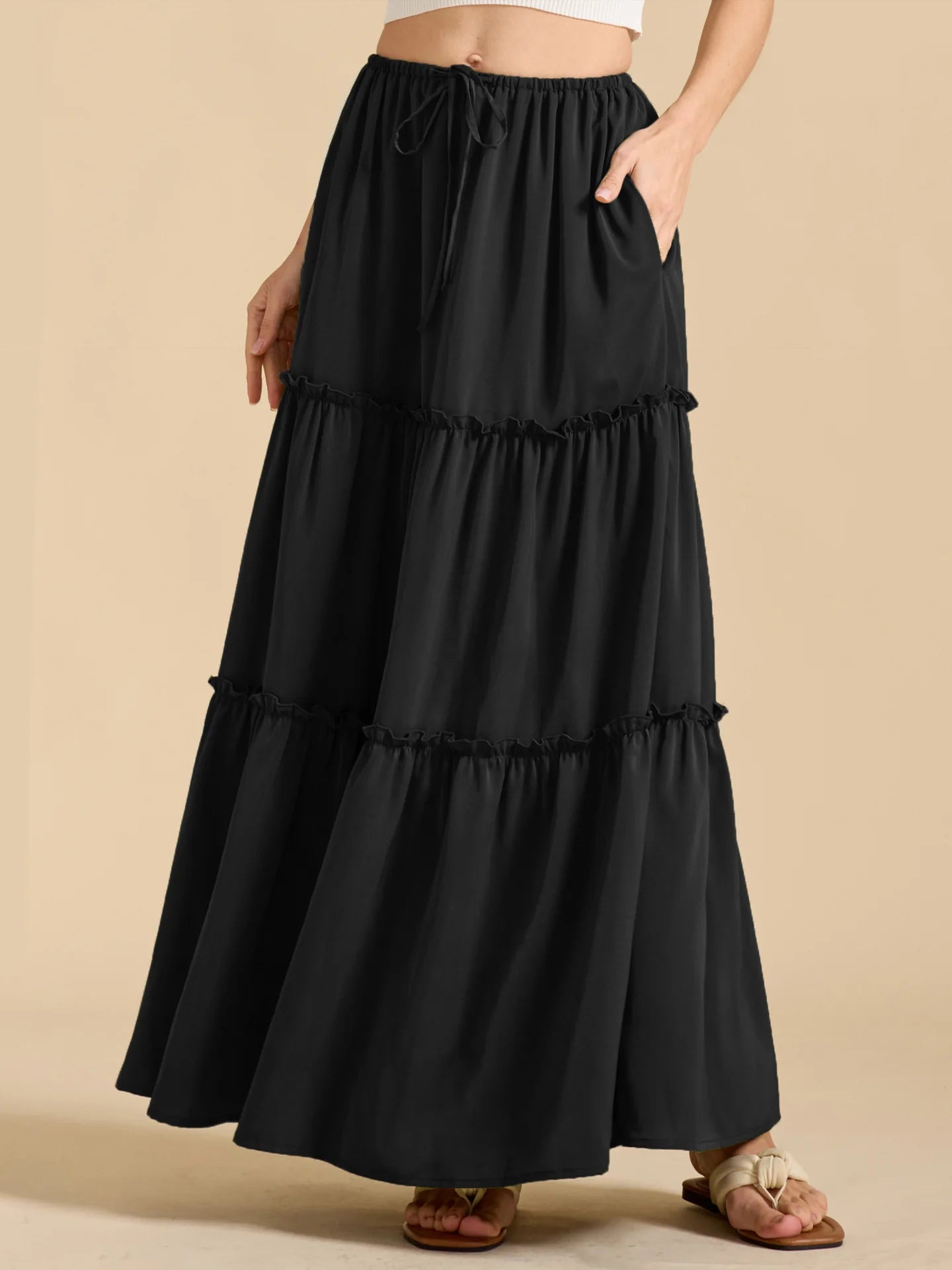 Elegant High Waist Elastic Pocket Long Skirt Adjustable Belted Half Body Skirt Women's Home Fashion Spring 2025 Polyester Blend