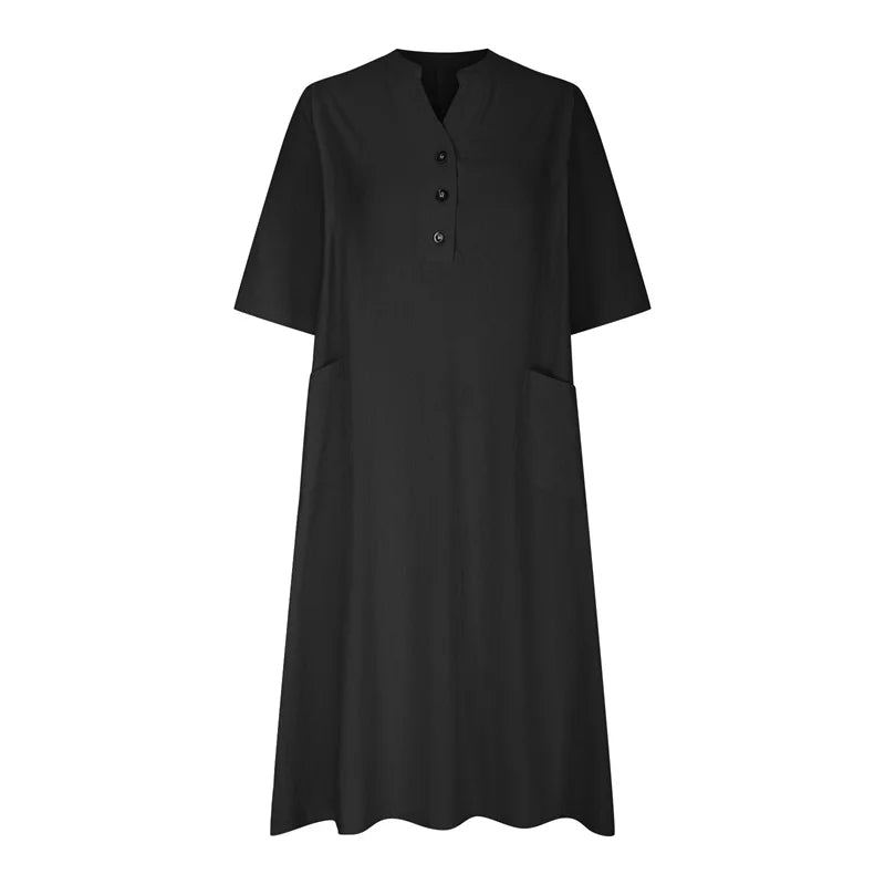 New Solid Color Cotton Linen Comfortable Casual Dresses Women Half Sleeve Loose Dress Gown Female Double Pocket Patchwork Frock