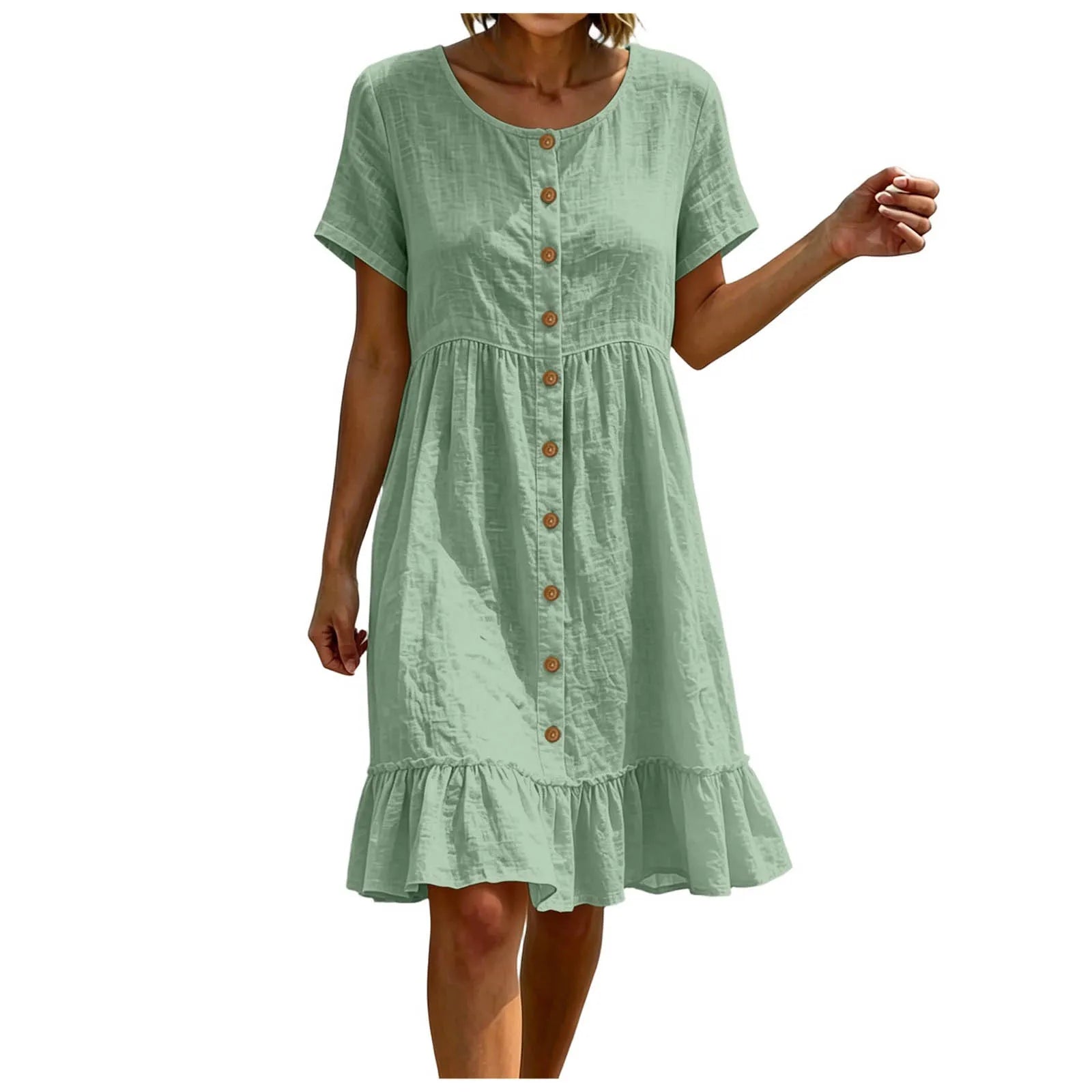 Women Casual Summer Dress Round Neck Front Button Down Short Sleeve Loose Midi Dress Solid Ruffle Hem Beach Cotton Linen Dreses