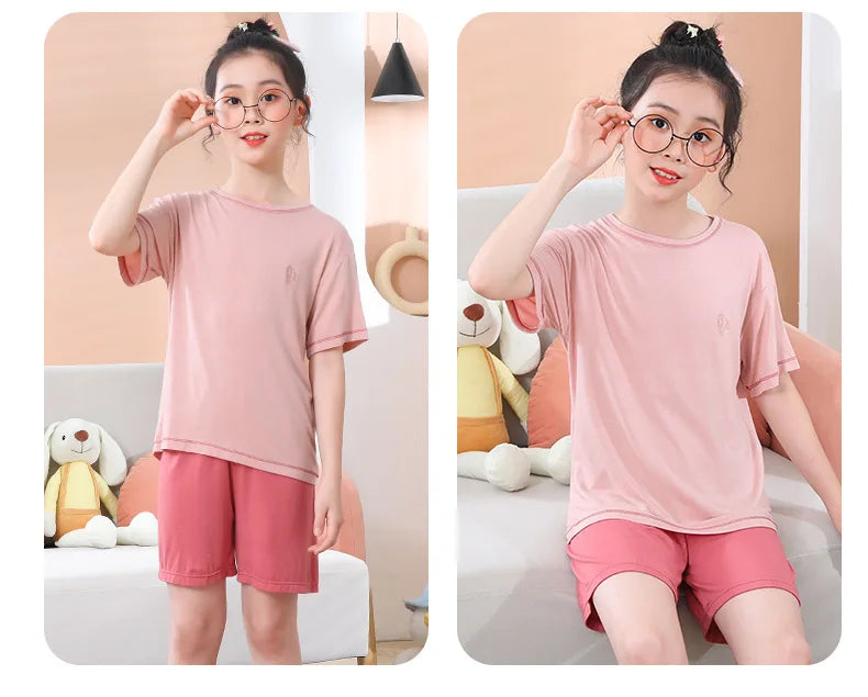 Teenage Boy Pajamas Summer Girl Short Sleeve Children's Clothing Sleepwear Silk Cotton Pyjamas Sets For Kids 4 8 9 12 13 14Years