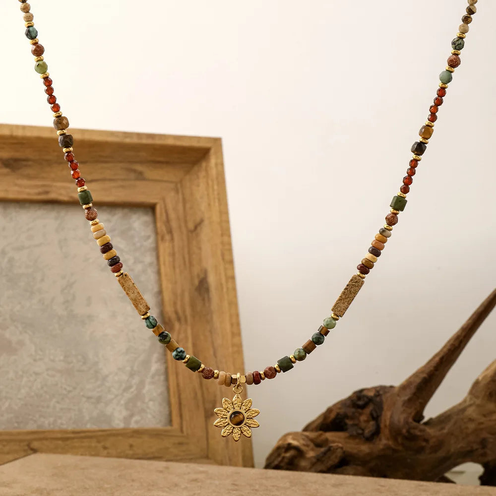 Bohemian Style Sunflower Pendant Beaded Titanium Steel Necklace Natural Stone Tibetan Silver Clavicle Chain Geometric Shape