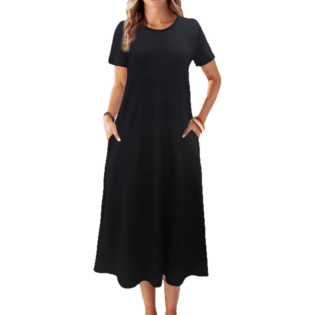 Casual Versatile High Quality round Neck T-Shirt Dress Fashionable Trendy Polyester Long Skirt Elegant Style All-Match Design
