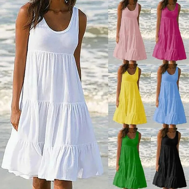 Summer Women Casual Solid Mini Dress 2026  Elegant Sleeveless Ruffles Loose Short Dress Beach Party Sundress Oversize Streetwear