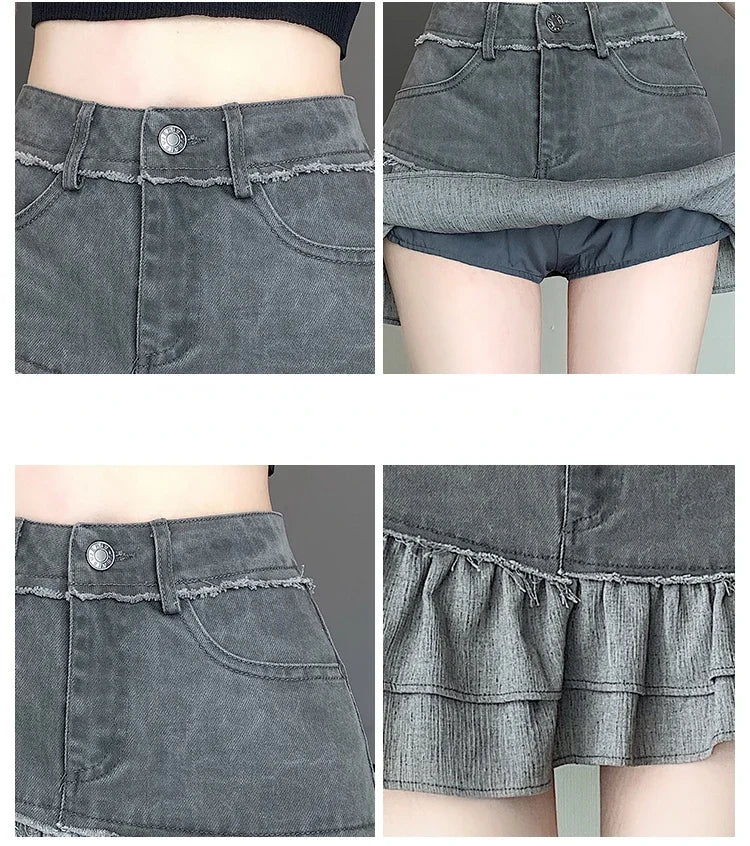 Fashion 2025 New Denim Patchwork Ruffle Denim Skirts Women Summer Retro High Waist Slim Skirts Woman