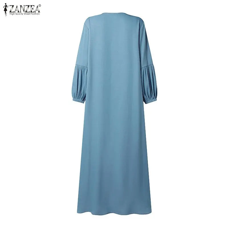 Modest Fashion Women Denim-Like Maxi Dress O-Neck Lantern Sleeve Button Up Abaya Robes ZANZEA Muslim Islamic Hijabis Kaftan