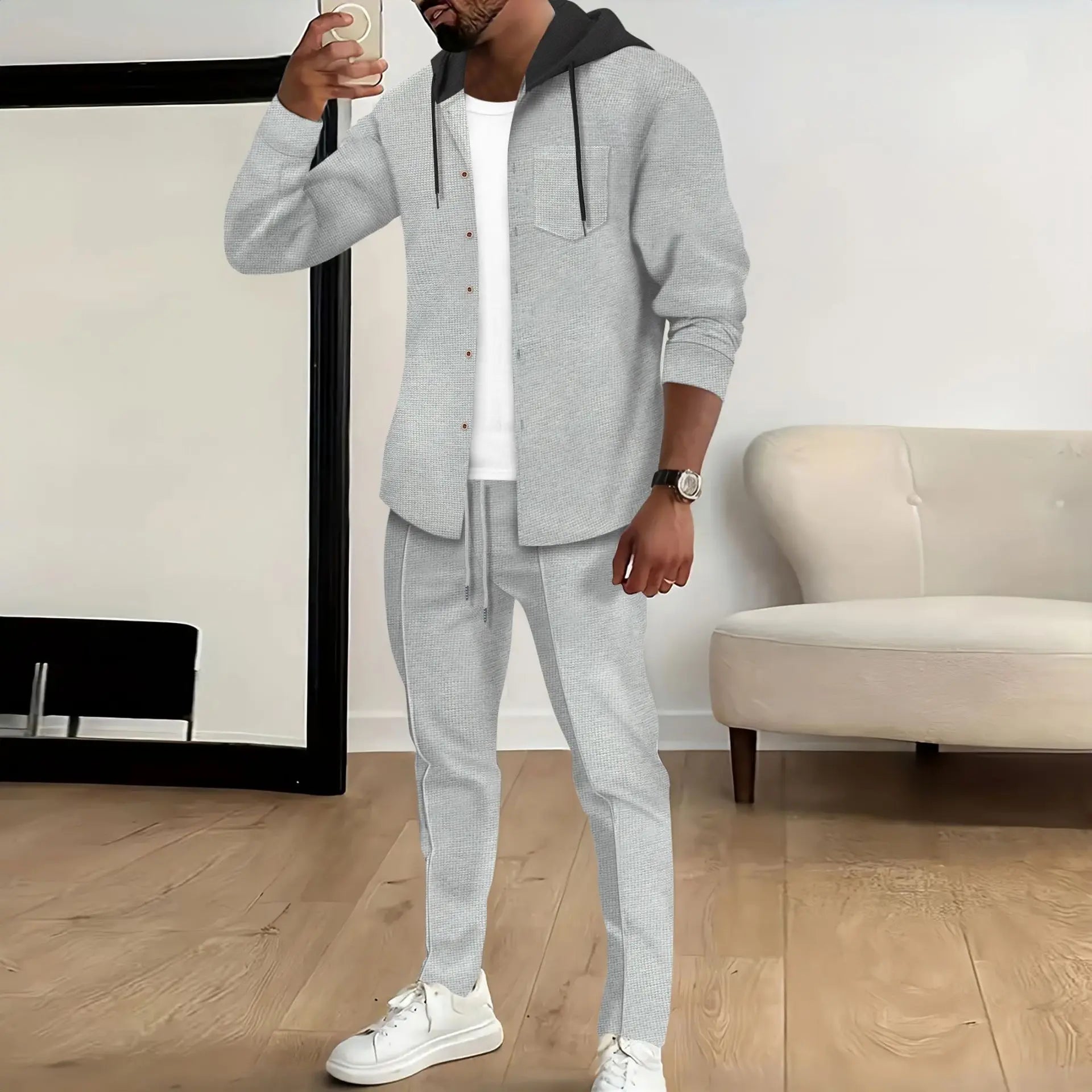 Spring And Autumn New Waffle Men'S Casual Slim-Fit Hooded Long-Sleeved Cardigan Matching Color Fashion High Quality Tracksuit Pa