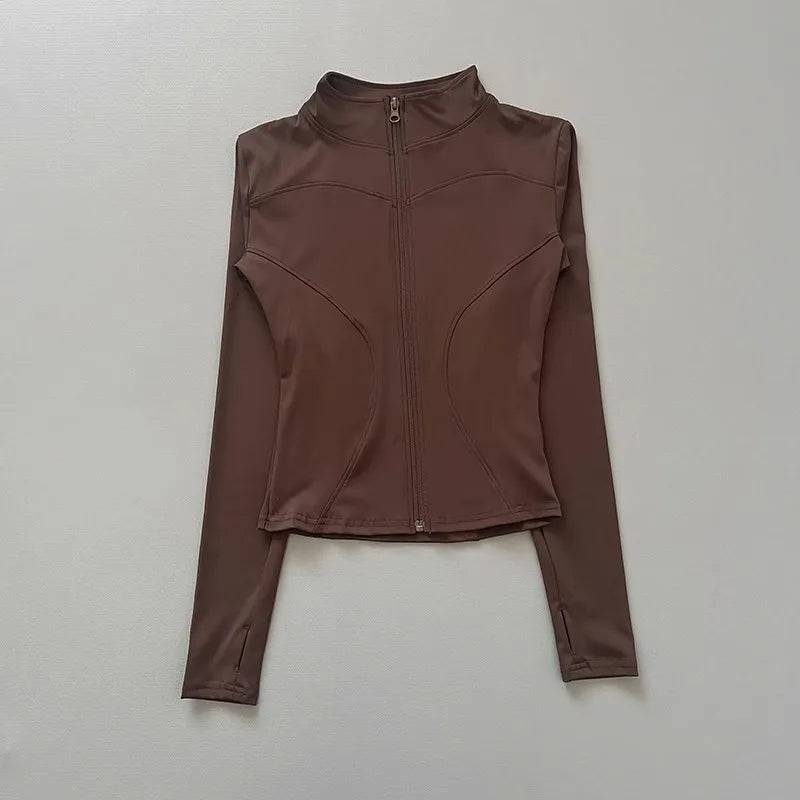 Women's Workout Jacket Stretch Fitted Zip Front Long Sleeve Running Yoga Slimming Waist-Cinching Stand Collar Quick-Dry Sportswe