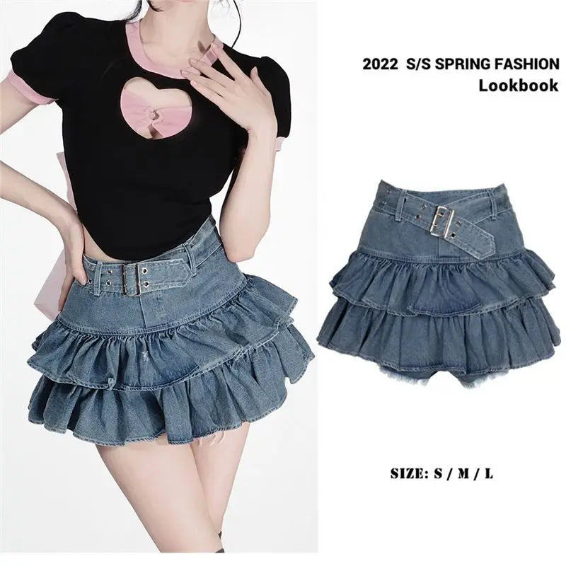 Mini Denim Skirts Women Summer Japanese Style Sweet Heart Ruffles Design Y2k Chic High Waist Distressed Aesthetic Fashion Faldas