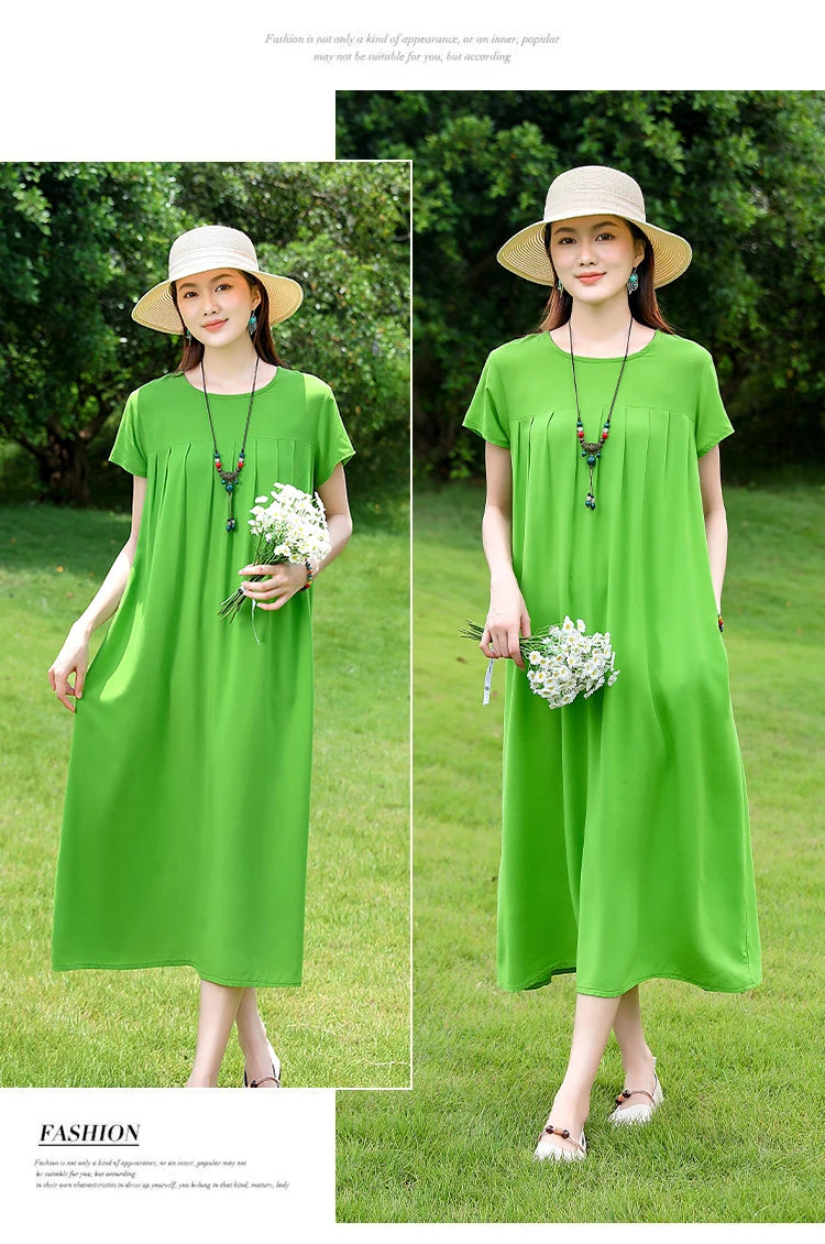 New Fashion Casual 2025 Summer Elegant Dresses For Women O-Neck Print Vintage Short Sleeve Dress Loose Women Clothing