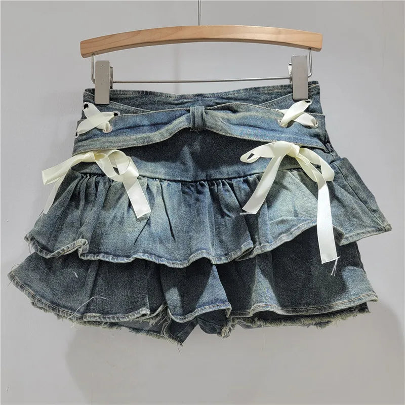 Denim Cake Skirts Women Short Skirt A Line High Waist Slim Fit Elegant Splice Y2k Streetwear Work Bow Sweet 2026 Summer