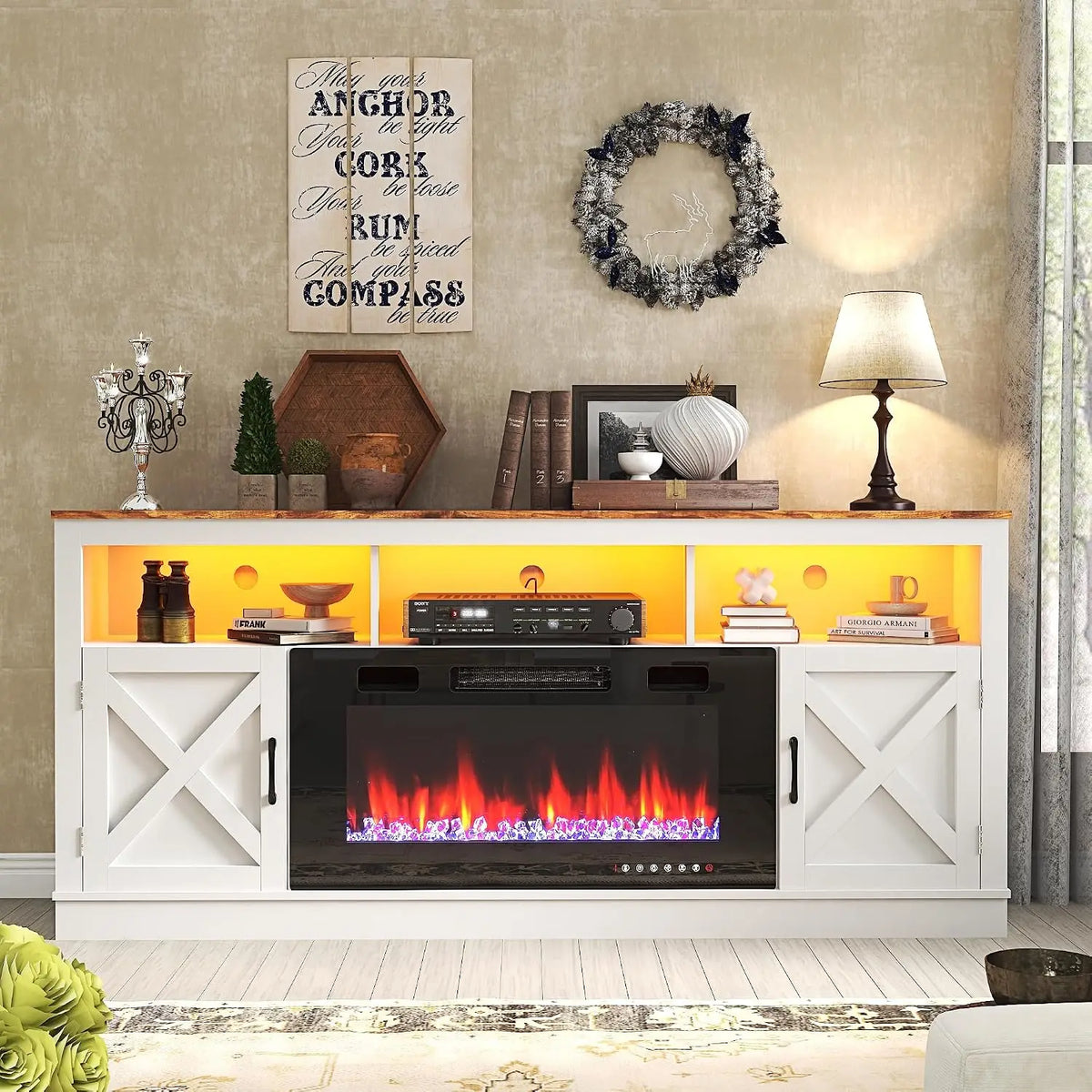 TV Stand 70-80 Inch, 32" Entertainment Center w/ 36" Electric Fireplace & LED, Media Console w/ Barn Door for , Customized