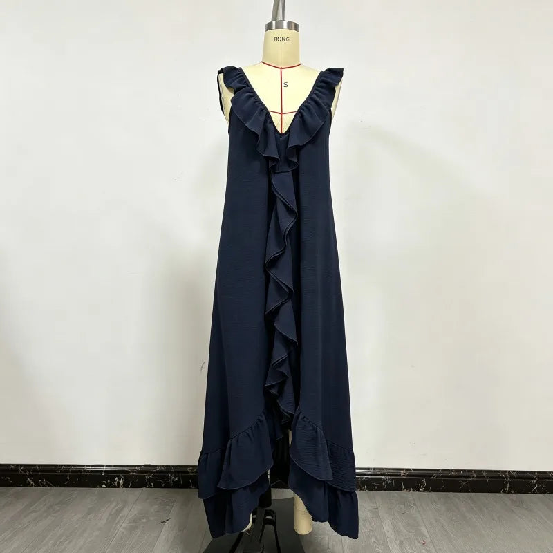 Boho Ruffled Maxi Dress Deep V Sleeveless Cascading Ruffle Loose Flowy Floor Length Beach Vacation Casual Long Dresses Cover Up