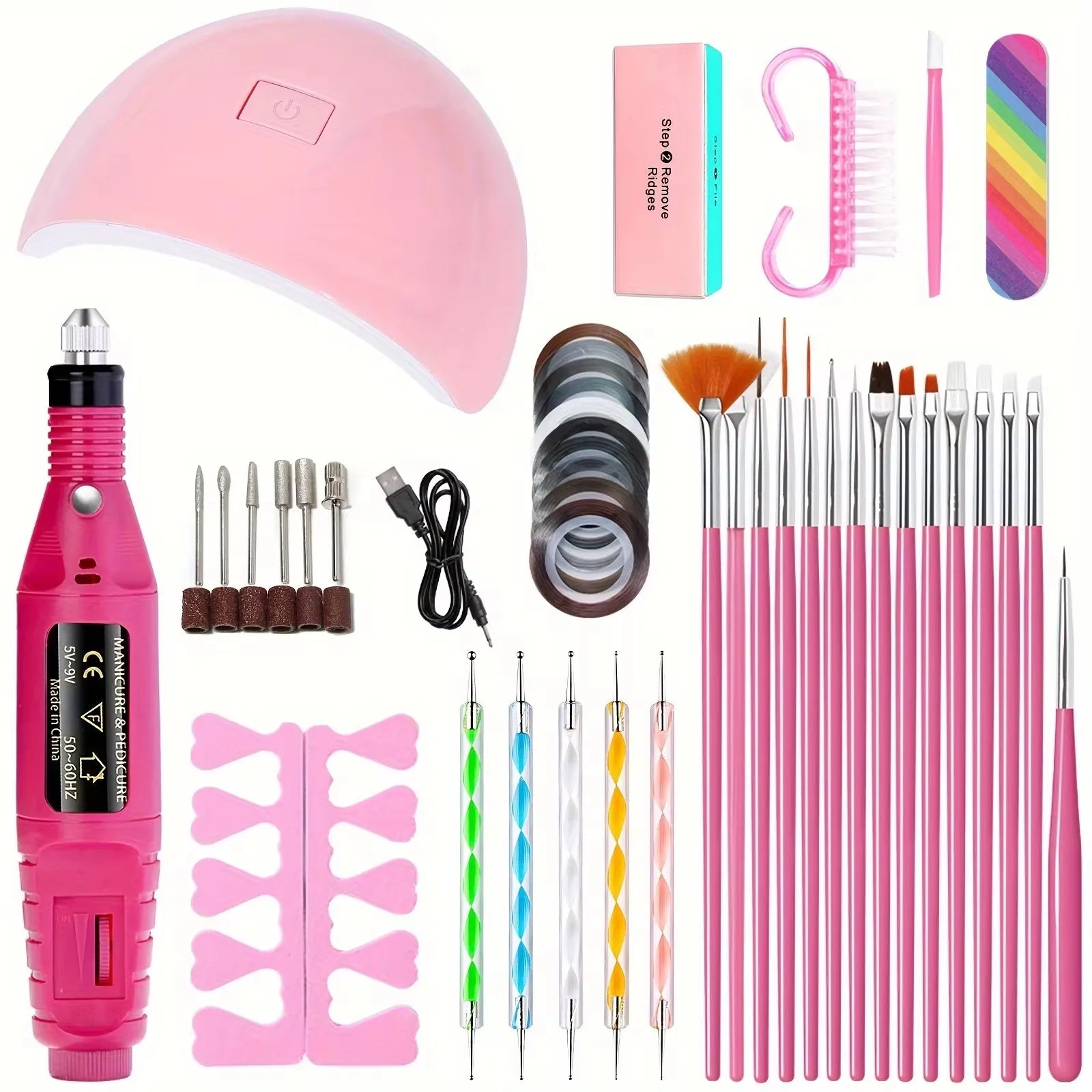 LINMANDA Kit profesional de taladro eléctrico USB para uñas con lima y pulidor, lámpara de uñas UV LED, secador de manicura en gel, kit de inicio de acrílico
