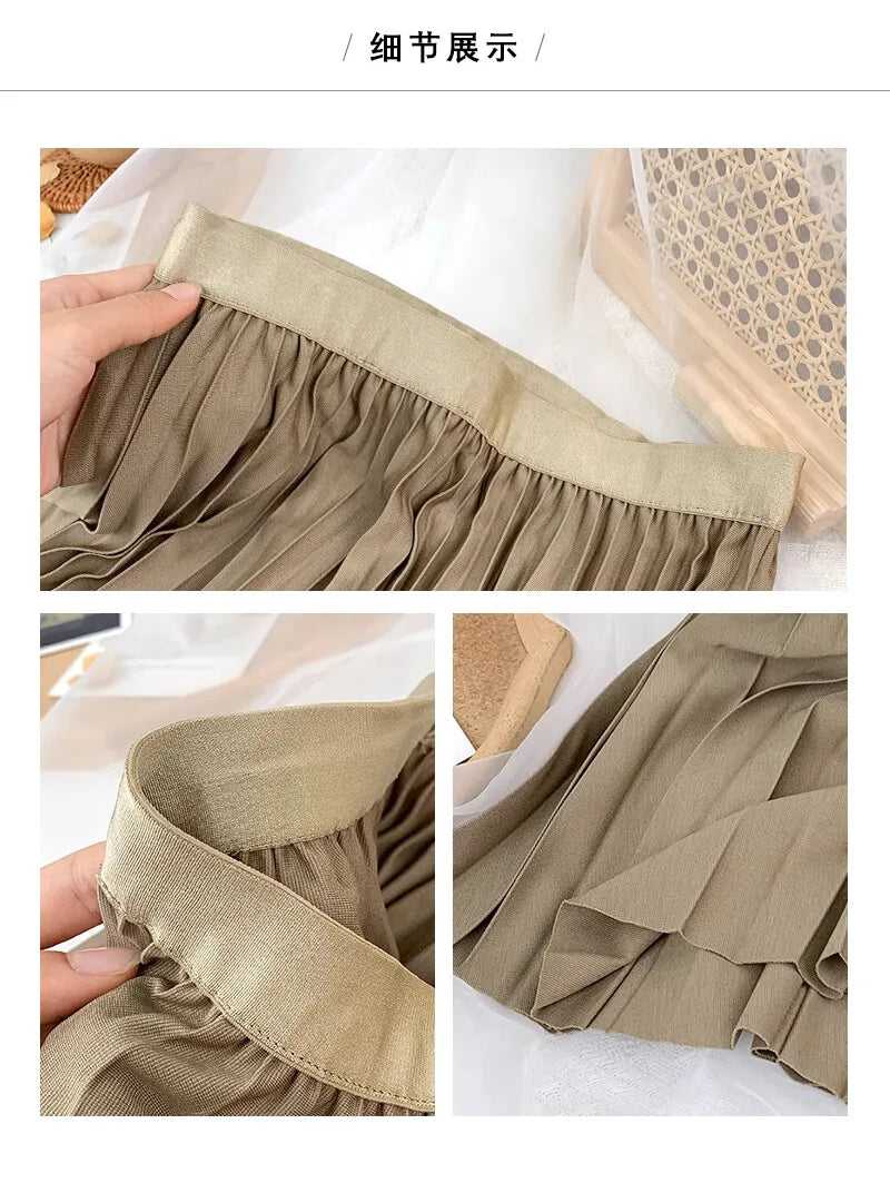 2026 Elegant High Waist Pleated Skirt for Women Mid-long Midi Skirt Female High Quality Black Saia