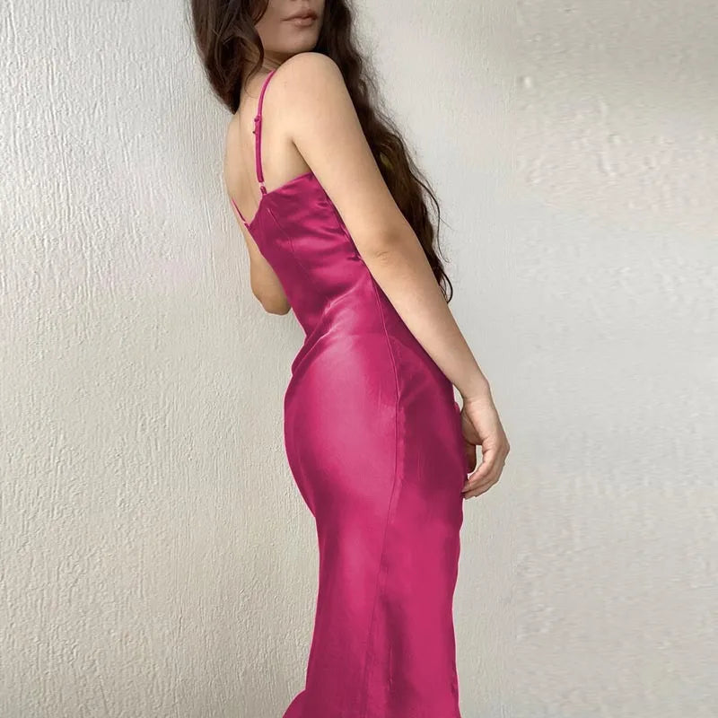 Women's Spring New Strap Women's Dress, European and American High End Sexy Spicy Girl, Low Cut Satin Split Back