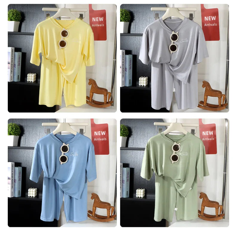 2PCS Children's Lyocell Thin Homewear Clothes Summer Kids Air Conditioning Mid-length Sleeve Tops+Long Pants Pajamas Set