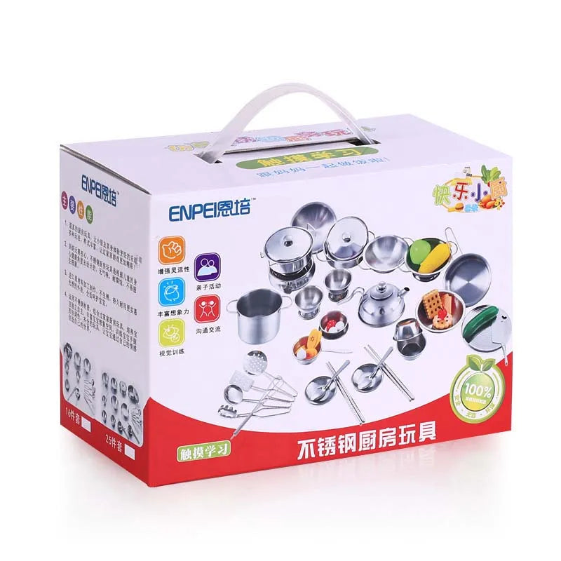 Juego de utensilios de cocina MINI de juguete para niños y niñas de acero inoxidable, pueden guardar alimentos, juguetes de cocina educativos de juego de imitación
