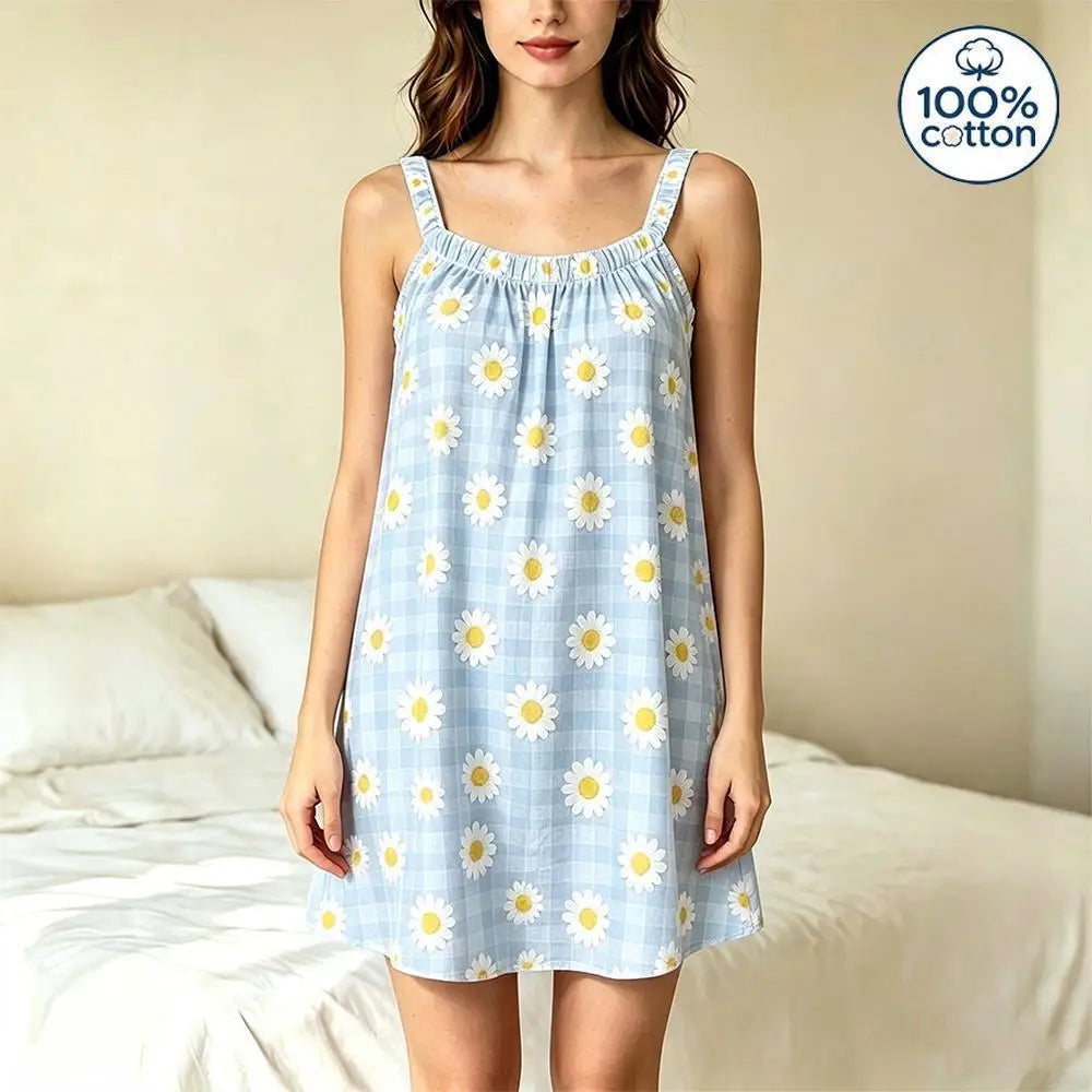 100% Cotton Women's Sleeveless Slip Nightgown Sweet Daisy Plaid Print Loose Summer Sleep Dress Ladies Casual Homewear Pajamas