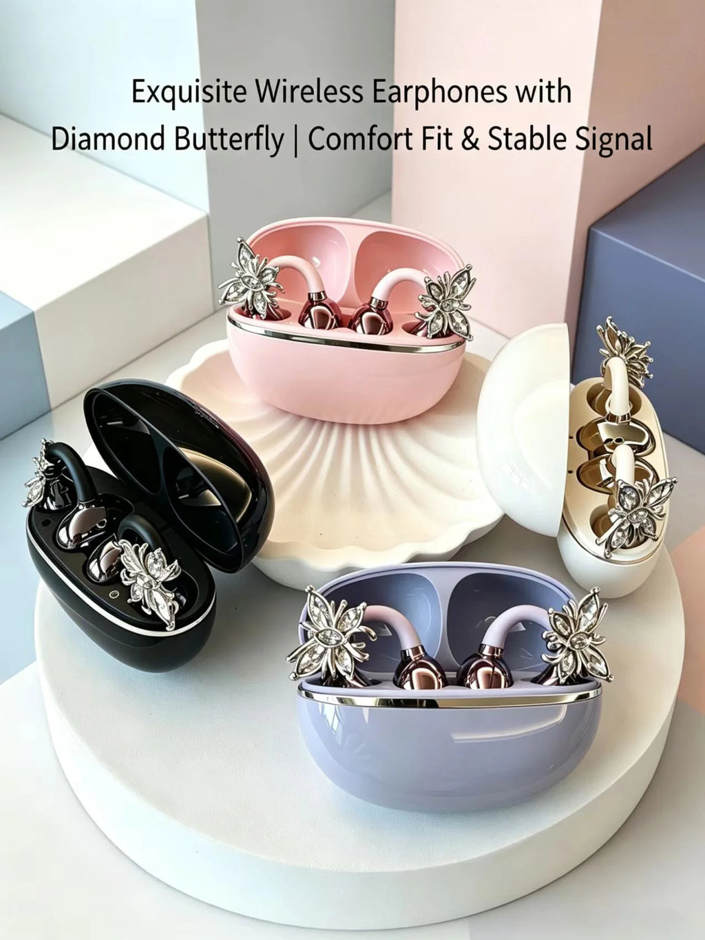 Universal Open Hook Bluetooth Headphones HD Noise Reduction Call Wireless Earphones , Come with Extra Crystal Diamond Butterfly
