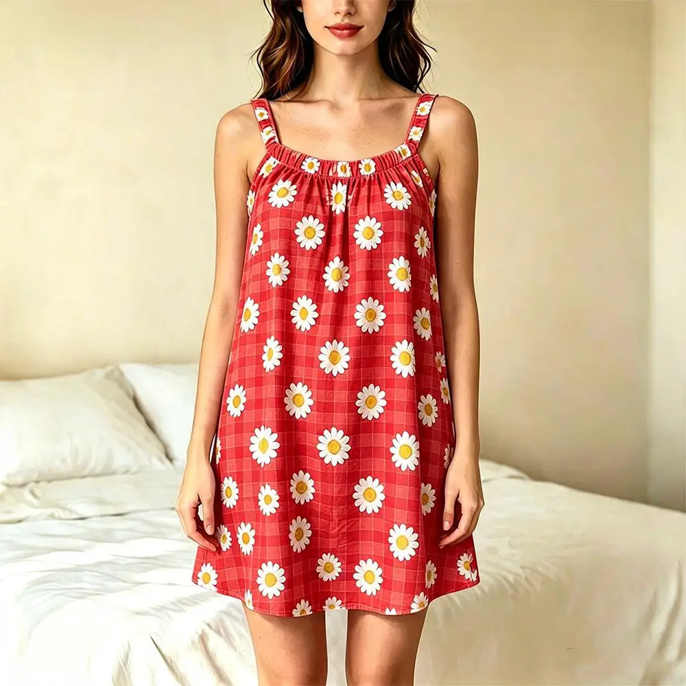 Women Summer Camisole Nightgown Sweet Daisy Plaid Print Loose Sleeveless Night Dress Soft Breathable Casual Ladies Homewear