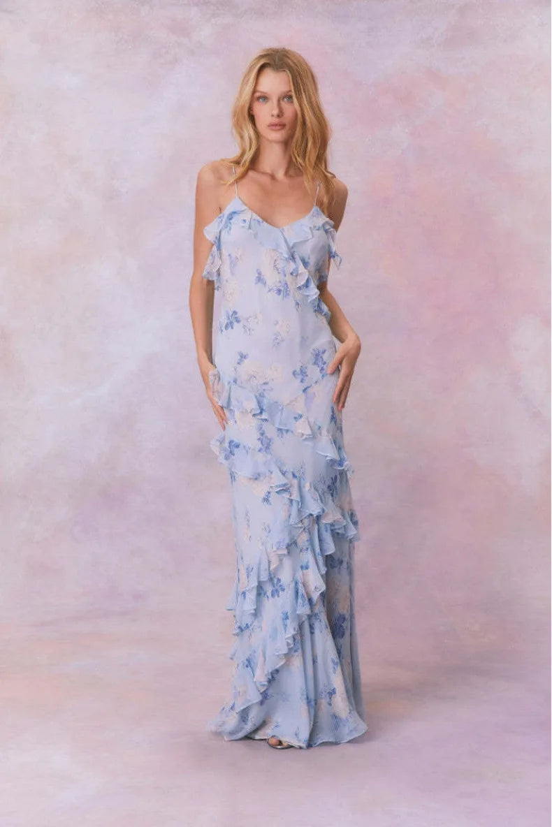 Lotus Leaf Edge French Floral Backless Dress Slim Fit Chiffon Solid Color Holiday Party Birthday Party Long Dress