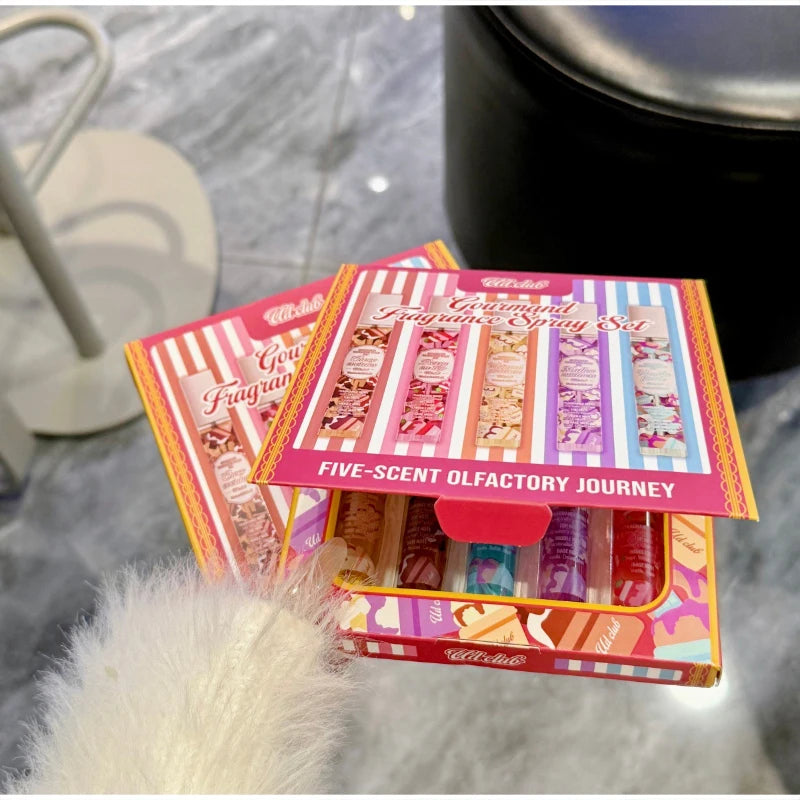 5pcs Gourmand Perfum Set Long Lasting Sweet Vanilla Cake Scent Mini Portable Fragrance Spray Set For Women
