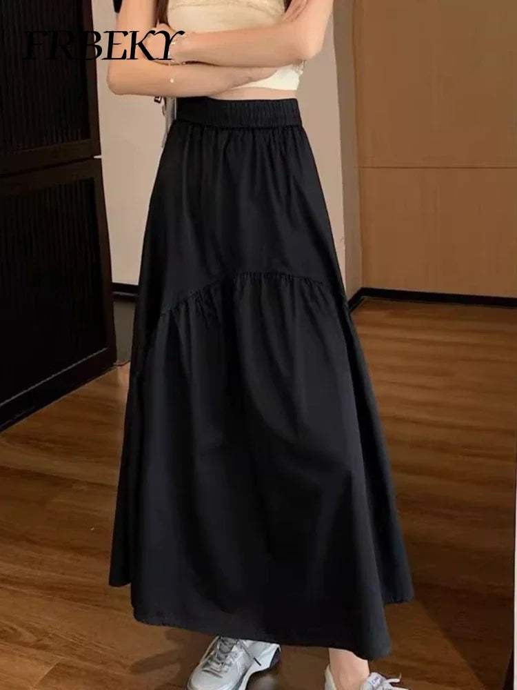 Elegant Women's Skirt Autumn New A-line Simple Fashion Solid Color Bustier Korean Pleated Splicing Elastic Waist Long Skirt